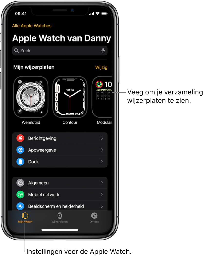 De Apple Watch-app op de iPhone waarin het scherm 'Mijn Watch' is geopend, met bovenin de wijzerplaten en onderin de instellingen. Onder in het scherm van de Apple Watch-app staan drie tabbladen: links 'Mijn Watch', waar je de Apple Watch kunt instellen; daarnaast 'Wijzerplaten', waarmee je de beschikbare wijzerplaten en complicaties kunt bekijken; en daarnaast 'Ontdek', waar je meer informatie over je Apple Watch vindt.