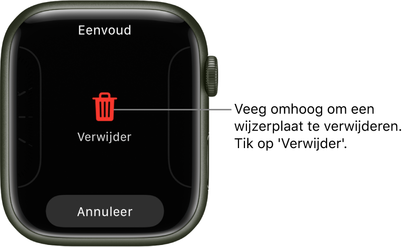 Het Apple Watch-scherm met de knoppen 'Verwijder' en 'Annuleer', die verschijnen nadat je naar een wijzerplaat hebt geveegd en de wijzerplaat omhoog hebt geveegd om de wijzerplaat te verwijderen.