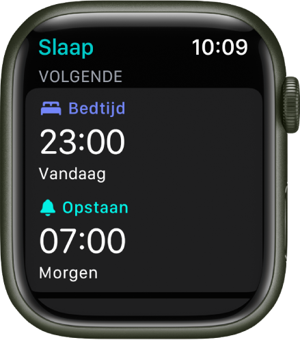De Slaap-app op de Apple Watch met het slaapschema van deze avond. Bovenaan staat de bedtijd en daaronder de tijd voor het opstaan.