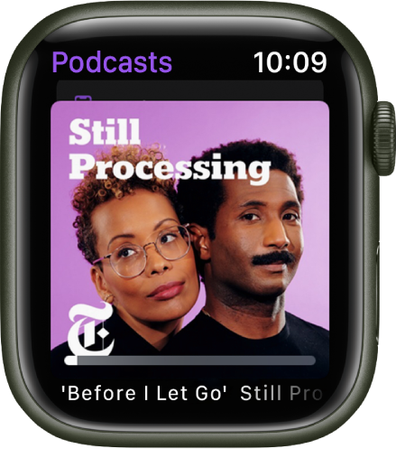 De Podcasts-app op de Apple Watch met een podcastafbeelding. Tik op de afbeelding om de aflevering af te spelen.