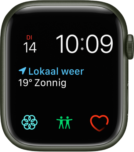De wijzerplaat Modulair, waarvan je de wijzerplaatkleur kunt aanpassen. Bovenin zie je de tijd en datum, in het midden de complicatie Weersomstandigheden, en onderin drie complicaties op subwijzerplaten: Mindfulness, Zoek personen en Hartslag.
