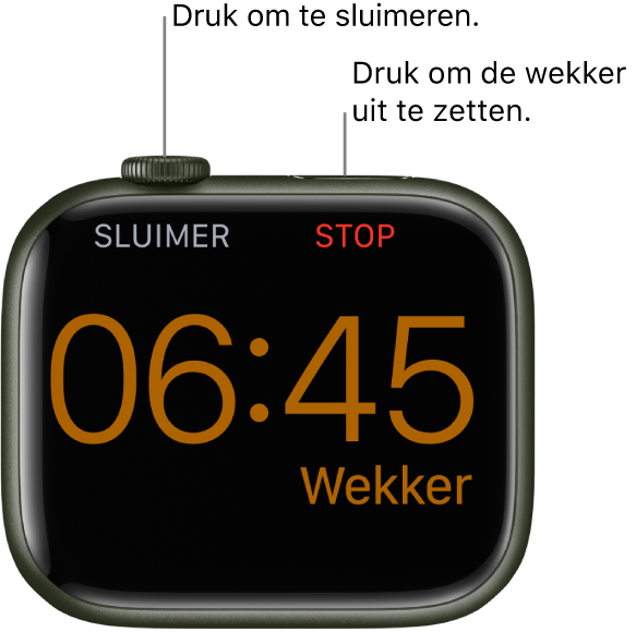 Een Apple Watch die op zijn kant ligt, met op het scherm een wekker die afgaat. Onder de Digital Crown staat het woord "Sluimer". Onder de zijknop staat het woord "Stop".