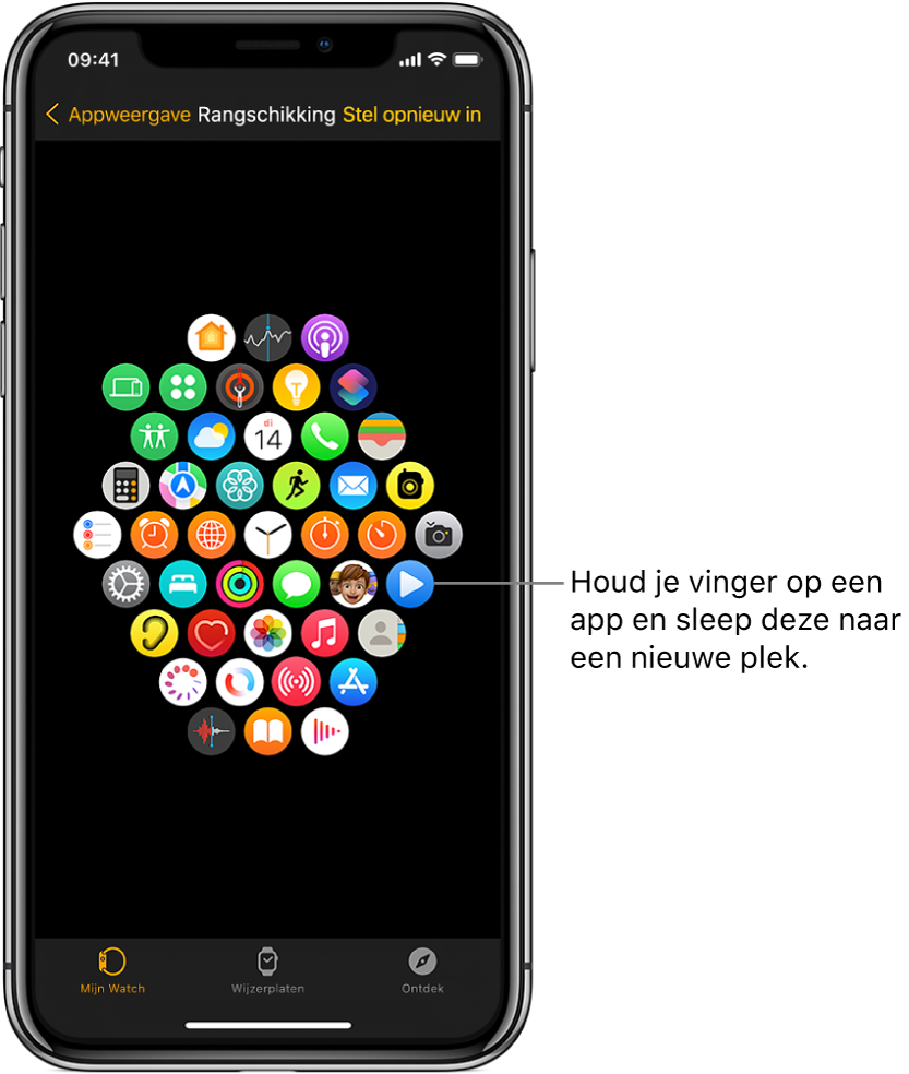 Het scherm 'Rangschikking' in de Apple Watch-app toont een raster met apps.