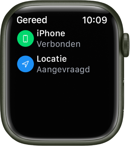 Statusdetails die aangeven dat de iPhone is verbonden en dat de locatie van de Watch is opgevraagd.
