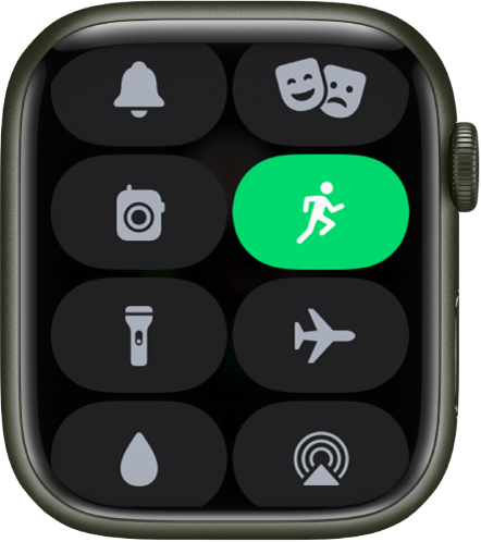 Het bedieningspaneel op de Apple Watch met de focus 'Trainen'.