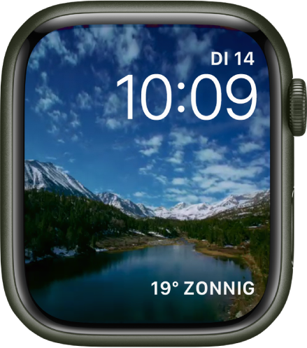 Op de wijzerplaat Timelapse wordt een timelapsevideo van een fraaie locatie weergegeven. Onderin bevindt zich de complicatie Weer.