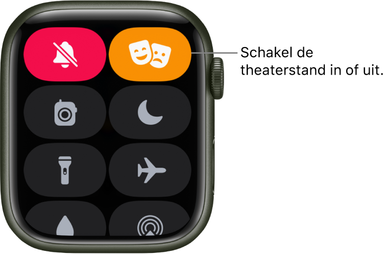 Bedieningspaneel waarin de knoppen voor de theatermodus en de stille modus zijn gemarkeerd om aan te geven dat de theatermodus is ingeschakeld.