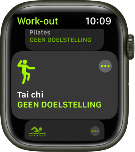 Het Work-out-scherm, waarin de work-out 'Tai chi' is geselecteerd.