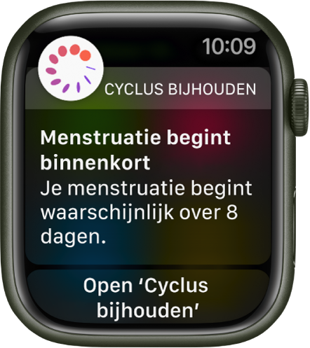 Apple Watch met een scherm met informatie over een menstruatievoorspelling en de tekst "Menstruatie begint binnenkort. Je menstruatie begint waarschijnlijk over 8 dagen." Onderin staat de knop 'Open 'Cyclus bijhouden''.