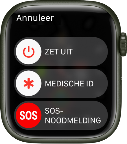 Het scherm van de Apple Watch met drie schuifknoppen: 'Zet uit', 'Medische ID' en 'SOS-noodmelding'.