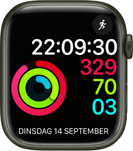 De wijzerplaat Activiteit digitaal die de tijd laat zien en aangeeft wat je vorderingen zijn ten opzichte van je dagelijkse doel voor bewegen, trainen en staan. Er zijn ook twee complicaties: Rechtsboven Work-out en onderin de Agenda-complicatie met de dag, maand en datum.