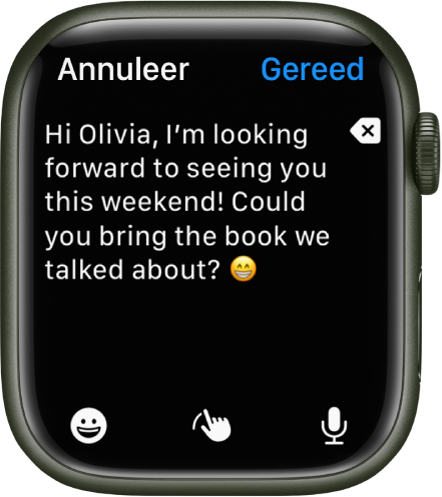 Een tekstveld met bovenaan tekst en een emoji en onderaan de knoppen 'Emoji', 'Schrijf' en 'Dicteer'.