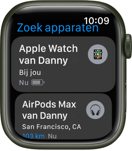 De app Zoek apparaten met twee apparaten: een Apple Watch en AirPods.