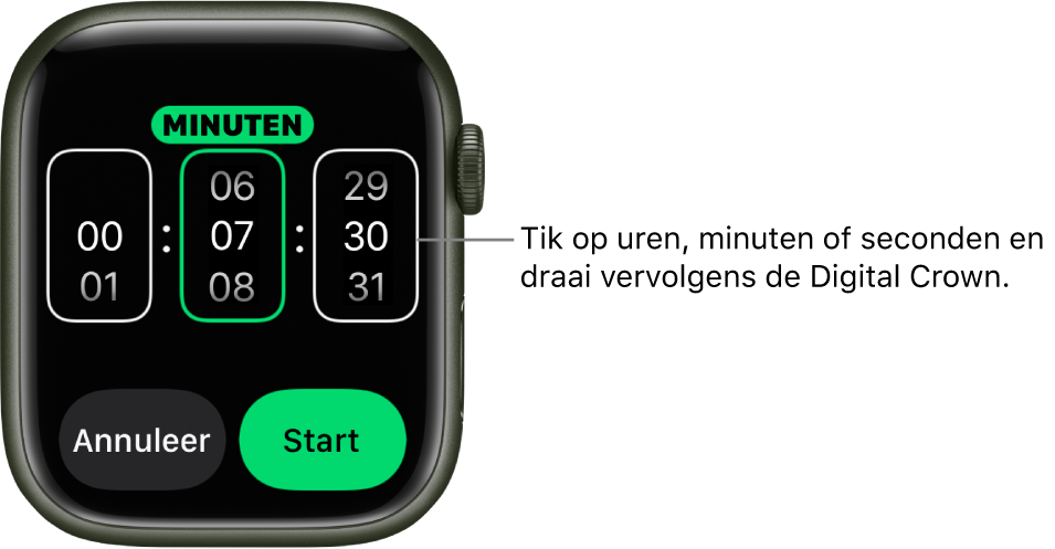 Instellingen voor een aangepaste timer, met links de uren, in het midden de minuten en rechts de seconden. Daaronder staan de knoppen 'Start' en 'Annuleer'.