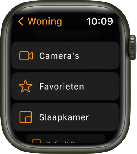 De Woning-app toont een lijst met knoppen voor camera's, favorieten en kamers.