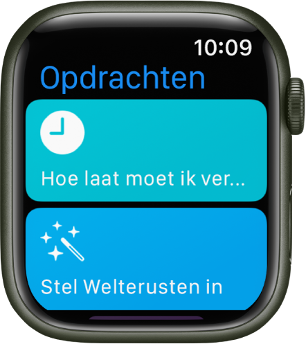 De Opdrachten-app op de Apple Watch met twee opdrachten: 'Hoe laat moet ik vertrekken?' en 'Configureer bedtijd'.