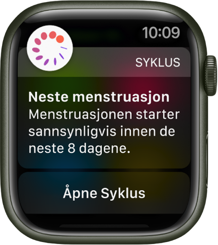 Apple Watch som viser en anslått syklus-skjerm der det står «Neste menstruasjon. Menstruasjonen starter kanskje innen de neste 8 dagene.» En Åpne Syklus-knapp vises nederst.