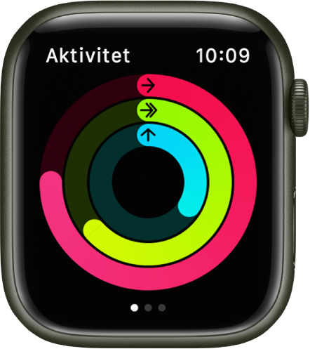 Aktivitet-skjermen, med Bevegelse-, Trening- og Oppreist-ringene.