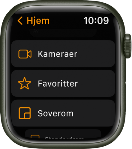 Hjem-appen viser en liste med knapper for Kameraer, Favoritter og rom.