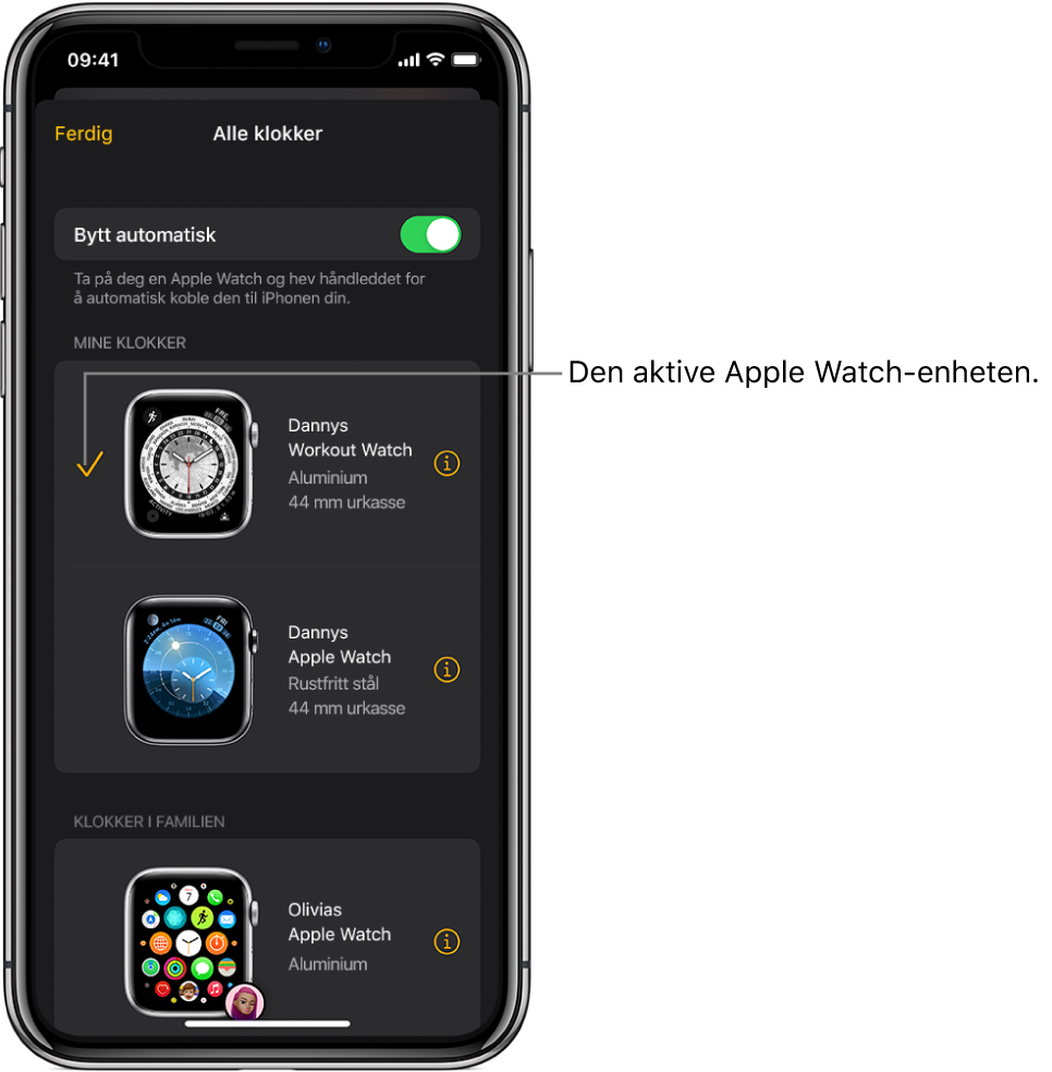 Et hakemerke viser den aktive Apple Watch-enheten på Alle klokker-skjermen i Apple Watch-appen.