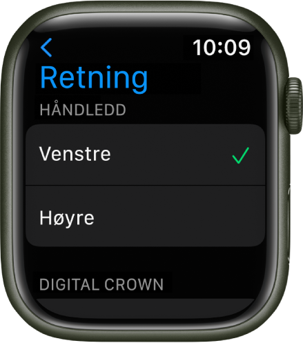 Retning-skjermen på Apple Watch. Du kan angi valg for arm og Digital Crown.