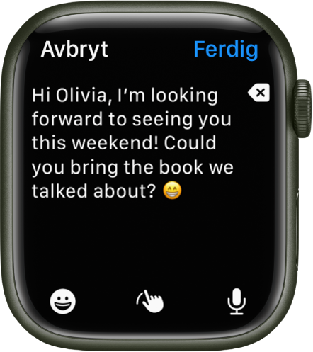 En skjerm med tekst og en emoji øverst, og knappene Emoji, Skrible og diktering nederst.