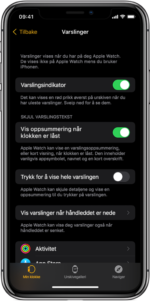Varslinger-skjermen, som viser varslingskilder i Apple Watch-appen på iPhone.