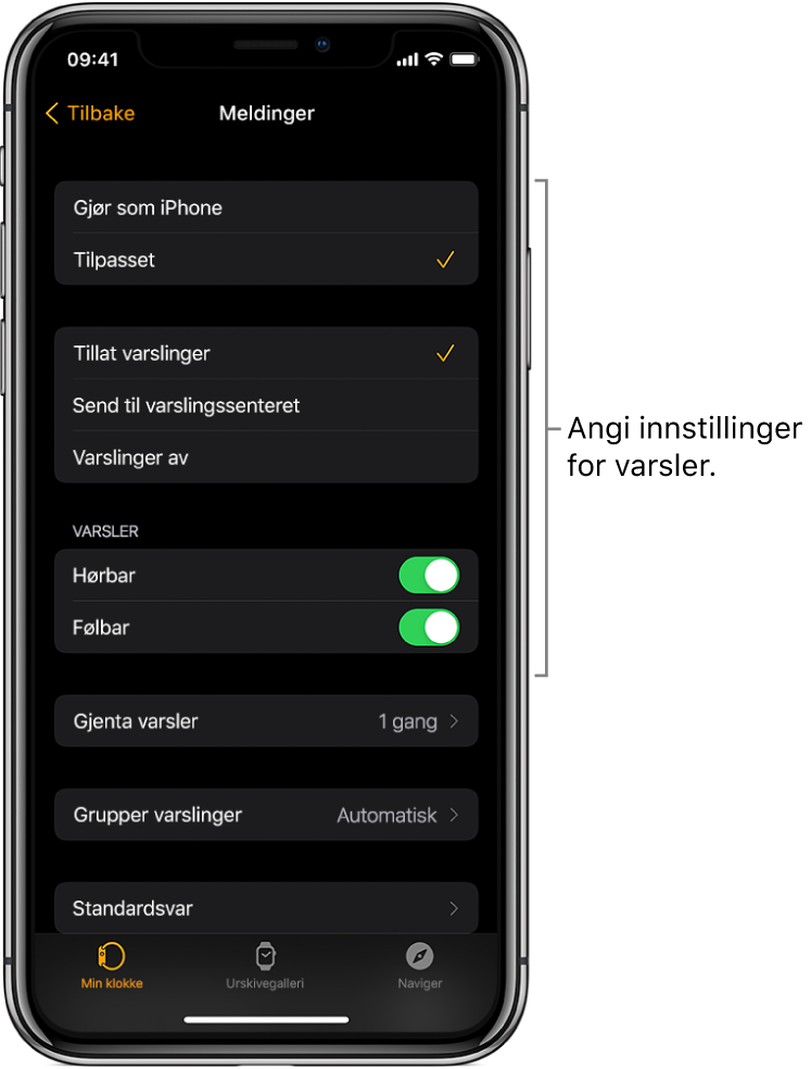 Meldinger-innstillinger i Apple Watch-appen på iPhone. Du kan velge om du vil vise varsler, slå på lyd, slå på følbar respons og gjenta varsler.