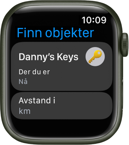 Finn objekter-appen som viser AirTag som er festet til et nøkkelsett. En Avstand i kilometer-knapp vises under.