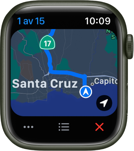 Kart-appen viser et oversiktskart for reisen. Nederst er knappene Mer, Liste og Slutt.