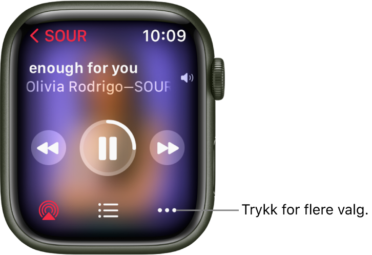 Spilles nå-skjermen i Musikk-appen. Albumnavnet vises øverst til venstre. Sangtittelen og artisten vises øverst, avspillingskontroller i midten, og knapper for AirPlay, sporliste og valg er nederst.