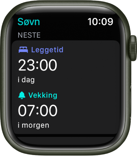 Søvn-appen på Apple Watch som viser kveldens søvnplan. Leggetid vises øverst, og Vekking-tiden vises nedenfor.