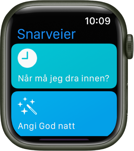 Snarveier-appen på Apple Watch, som viser to snarveier – Når må jeg reise, og God natt.