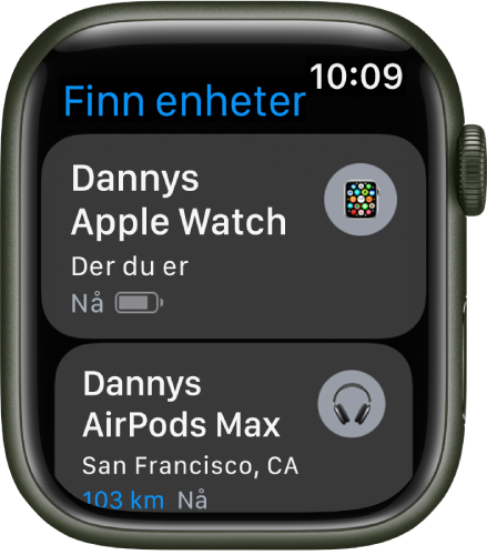 Finn enheter-appen som viser to enheter – en Apple Watch og AirPods.