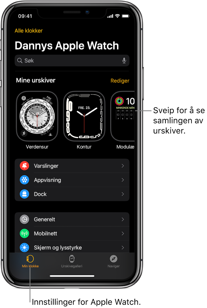 Apple Watch-appen på iPhone med Min klokke-skjermen, som viser urskivene dine på toppen og innstillinger nedenfor. Det er tre faner nederst på skjermen for Apple Watch-appen. Den venstre fanen er Min klokke, hvor du går for å finne Apple Watch-innstillinger. Den neste fanen er Urskivegalleri, hvor du kan utforske tilgjengelige urskiver og komplikasjoner. Deretter følger Oppdag, hvor du kan finne ut mer om Apple Watch.