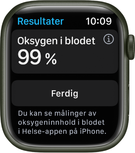 Resultatskjermen i Oksygen i blodet-appen, som viser en oksygenmetning i blodet på 99 prosent. Under vises en Ferdig-knapp.