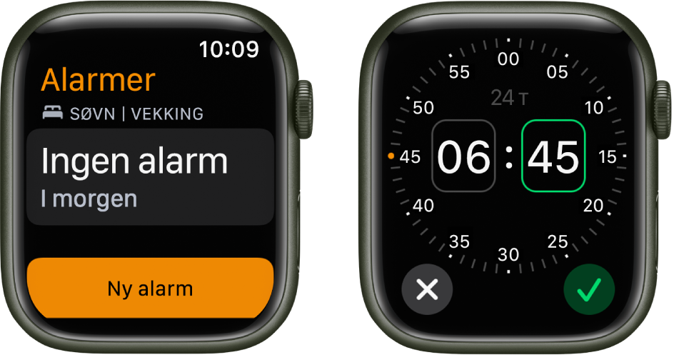 To urskiver som viser prosessen for å legge til en alarm: Trykk på Ny alarm, trykk på timer eller minutter, skru på Digital Crown for å justere tiden, og trykk på Angi.