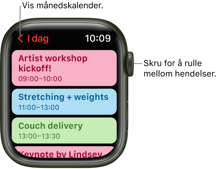 Kalender-skjermen, som viser en liste over dagens hendelser.