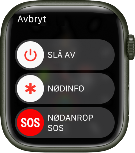 Apple Watch-skjermen med tre skyveknapper: Slå av, Nødinfo og Nødanrop (SOS). Dra Slå av-skyveknappen for å slå av Apple Watch.