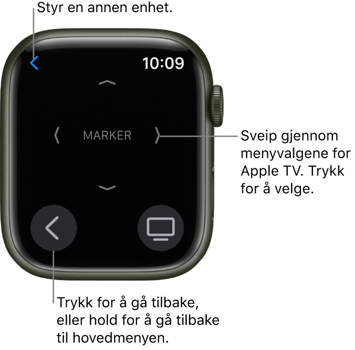 Apple Watch-skjermen når den brukes som fjernkontroll. Menyknappen er nede til venstre, og TV-knappen er nede til høyre. Tilbake-knappen vises øverst til venstre.