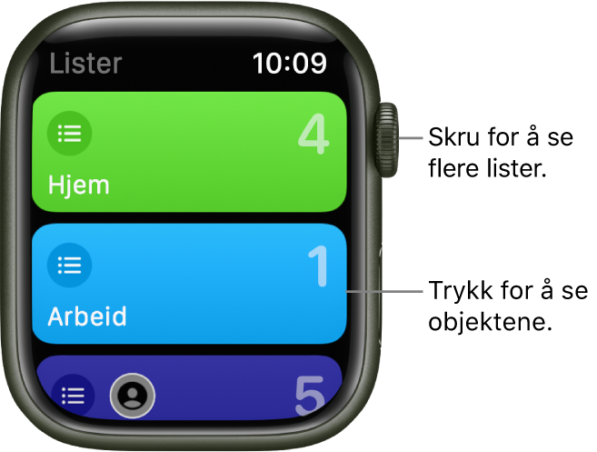 Lister-skjermen i Påminnelser-appen som viser to listeknapper – Hjem og Jobb. Numbers til høyre forteller deg hvor mange påminnelser det er i hver liste. Trykk på en liste for å se påminnelsene i den, eller skru på Digital Crown for å se flere lister.