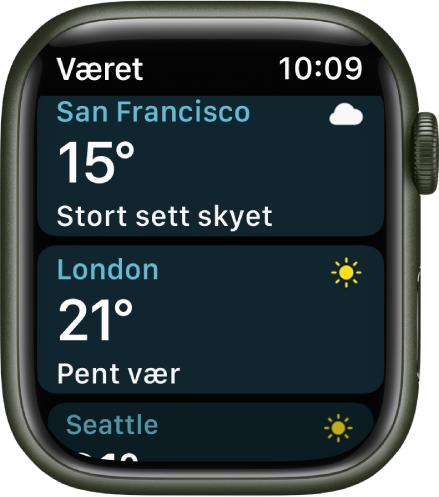 Været-appen som viser ukens værvarsel.