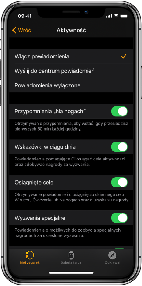 Ekran Aktywność w aplikacji Watch, na którym możesz konfigurować powiadomienia, jakie chcesz otrzymywać.