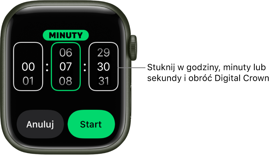 Ustawienia tworzenia własnego minutnika. Po lewej stronie widoczne są godziny, na środku widoczne są minuty, a po prawej znajdują się sekundy. Poniżej widoczne są przyciski Start i Anuluj.