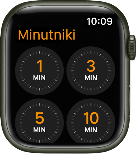 Ekran minutnika, zawierający szybkie minutniki na 1, 3, 5 i 10 minut.