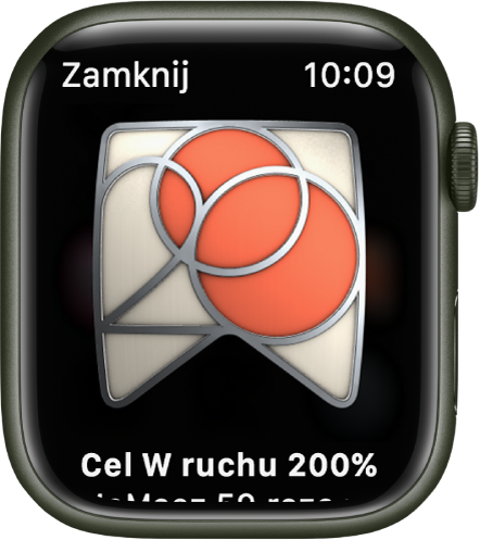 Apple Watch wyświetlający nagrodę za osiągnięcie. Pod nagrodą wyświetlany jest jej opis. Możesz przeciągnąć, aby obrócić nagrodę.