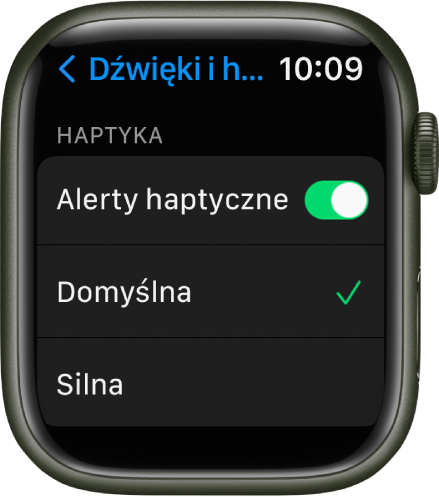 Ustawienia dźwięku i haptyki na Apple Watch. Widoczny jest przełącznik Alerty haptyczne, a poniżej opcje Domyślna oraz Silna.