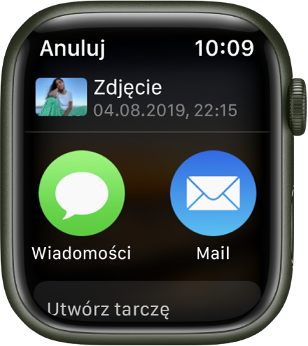Ekran udostępniania w aplikacji Zdjęcia na Apple Watch. U góry ekranu widoczne jest zdjęcie. Poniżej znajdują się przyciski aplikacji Wiadomości i Mail.