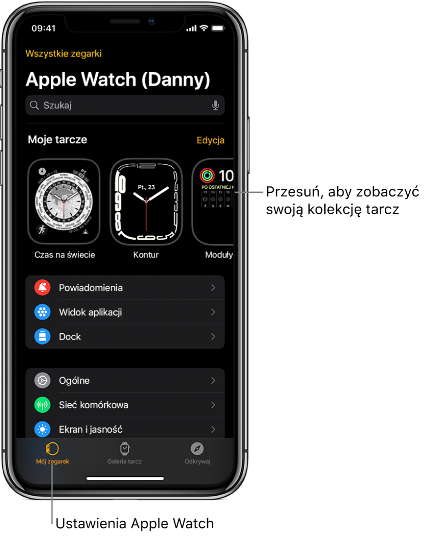 iPhone z otworzoną aplikacją Apple Watch, wyświetlającą ekran Mój zegarek. Na górze widoczne są tarcze zegarka, poniżej wyświetlane są ustawienia. Na dole ekranu aplikacji Watch znajdują się trzy karty. Pierwsza karta od lewej to Mój zegarek, dająca dostęp do ustawień Apple Watch. Następna karta to Galeria tarcz, gdzie możesz przeglądać dostępne tarcze i komplikacje. Kolejna karta to Odkrywaj, gdzie możesz dowiedzieć się więcej o Apple Watch.