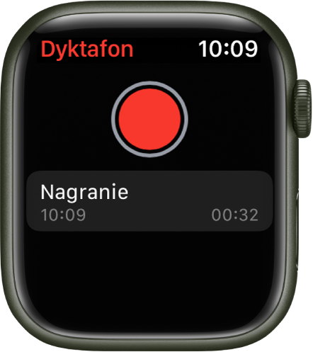 Apple Watch wyświetlający ekran aplikacji Dyktafon. U góry widoczny jest czerwony przycisk nagrywania. Poniżej znajduje się nagrana notatka głosowa. Wyświetlana jest także sygnatura czasowa utworzenia notatki oraz jej długość.